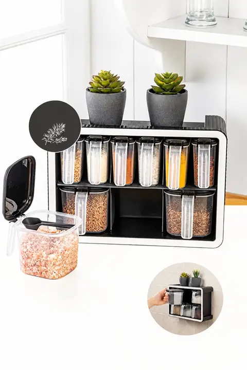 9-Piece Self-Adhesive Spice Jar Set with Stand & Spoons
