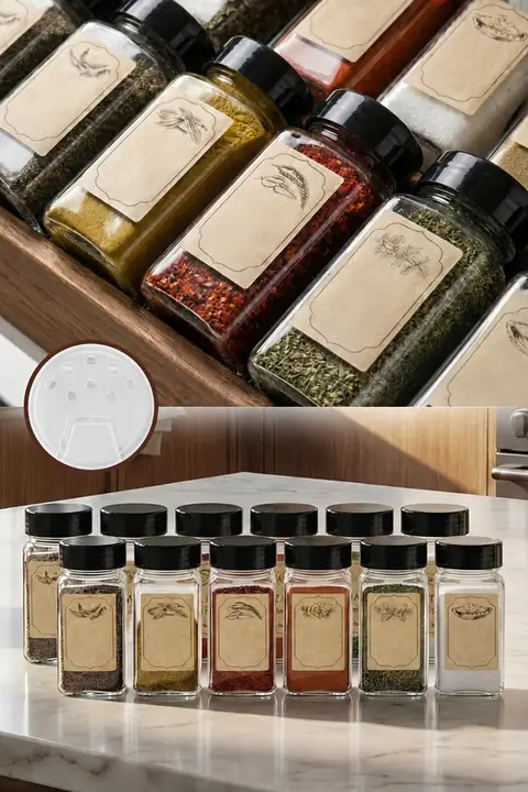 12-Piece Square Glass Spice Jar Set with Lids & Labels