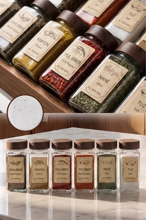 6-Piece Acacia-Look Square Glass Spice Jar Set with Labels
