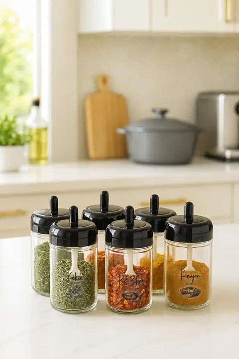 6-Piece Tall Glass Spice Jar Set with Built-In Spoons