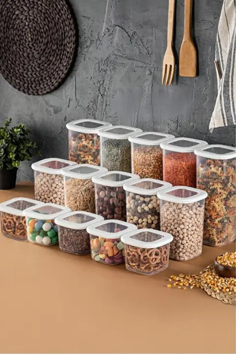 15-Piece Square Pantry Container Set with Labels, 5×(0.55/1.2/1.75 L)
