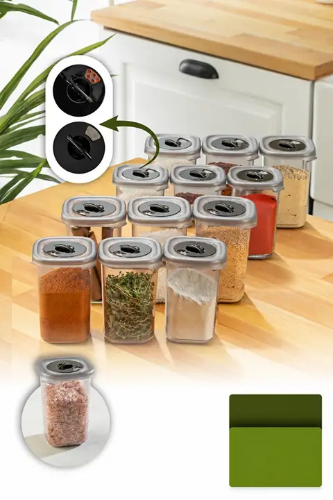 12-Piece Airtight Spice Jar Set with Rotating Lids & Labels, 0.45 L