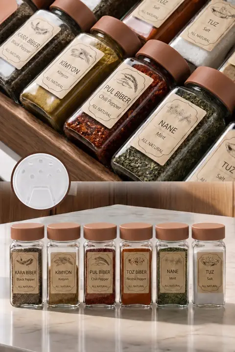 6-Piece Acacia-Colour Square Glass Spice Jar Set with Labels
