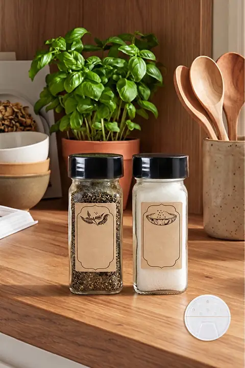 2-Piece Square Glass Spice Jar Set with Lids & Labels – Salt & Pepper