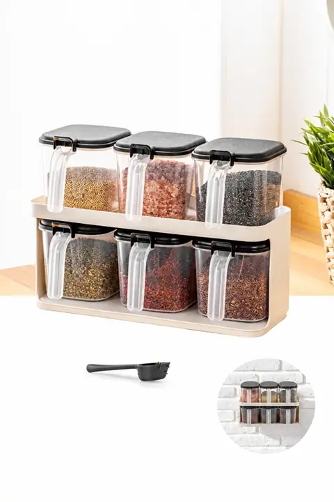 6-Piece Self-Adhesive Spice Jar Set with Stand, Spoons & Labels
