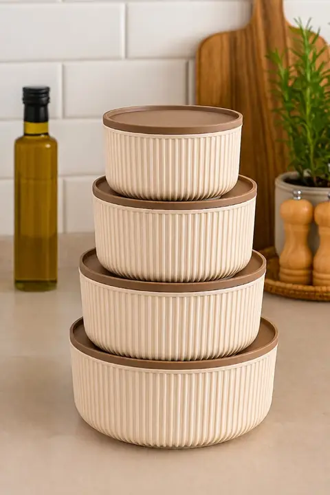 4-Piece Ribbed Round Storage Container Set, 2.5/1.5/0.8/0.45 L, Microwave & Freezer Safe