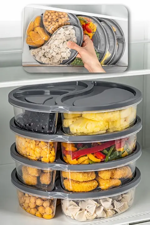 4-Piece 3-Compartment Round Food Container Set, 1.2 L