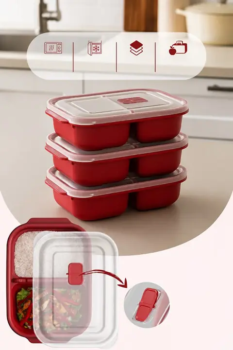 3-Piece Microwave-Safe Divided Rectangular Storage Set with Lids, 1200 ml