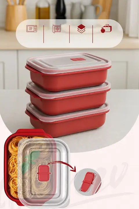 3-Piece Microwave-Safe Rectangular Storage Set with Lids, 1300 ml