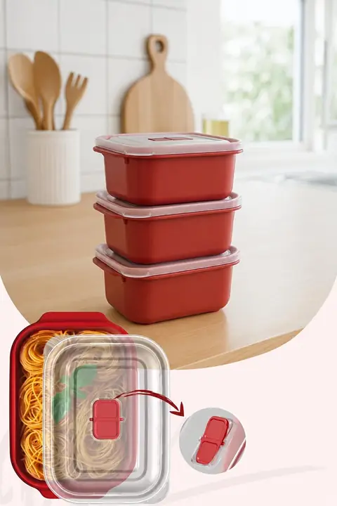 3-Piece Microwave-Safe Rectangular Storage Set with Lids, 1000 ml