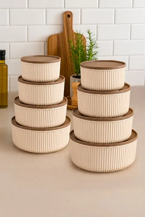 8-Piece Ribbed Round Storage Container Set, 2.5/1.5/0.8/0.45 L, Microwave & Freezer Safe