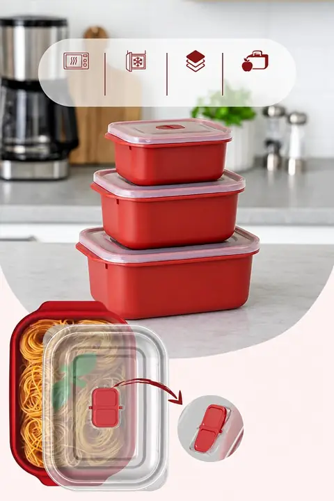 3-Piece Microwave-Safe Rectangular Storage Set with Lids, 500/1000/2000 ml