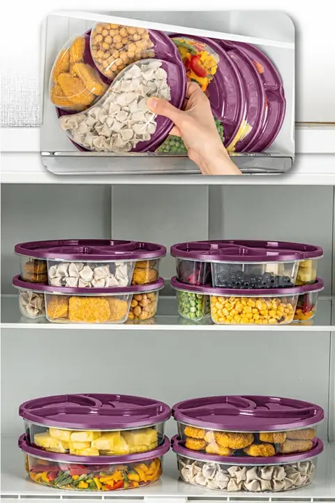 8-Piece 3-Compartment Round Food Container Set, 1.2 L