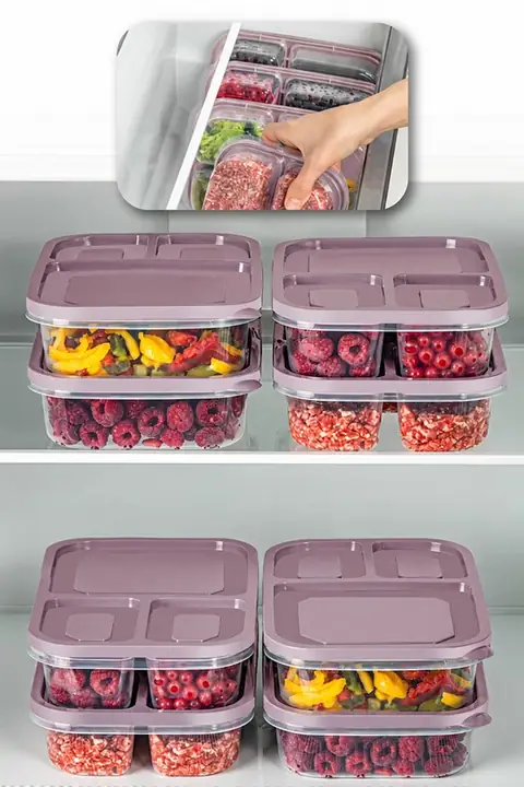 8-Piece 3-Compartment Rectangular Food Container Set, 1.15 L