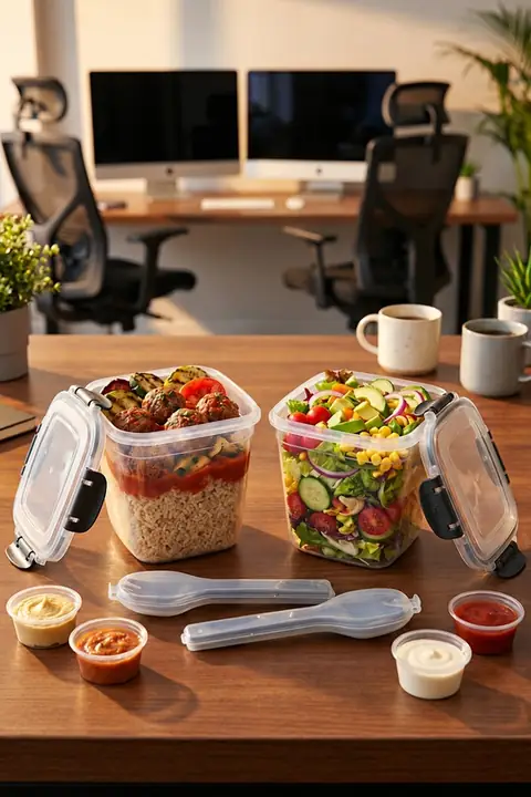 2-Pack Locking-Lid Meal Prep Container, 1075 ml, with 4 Sauce Cups & 2 Spoons