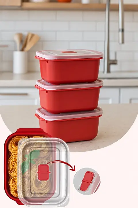 3-Piece Microwave-Safe Rectangular Storage Set with Lids, 2000 ml