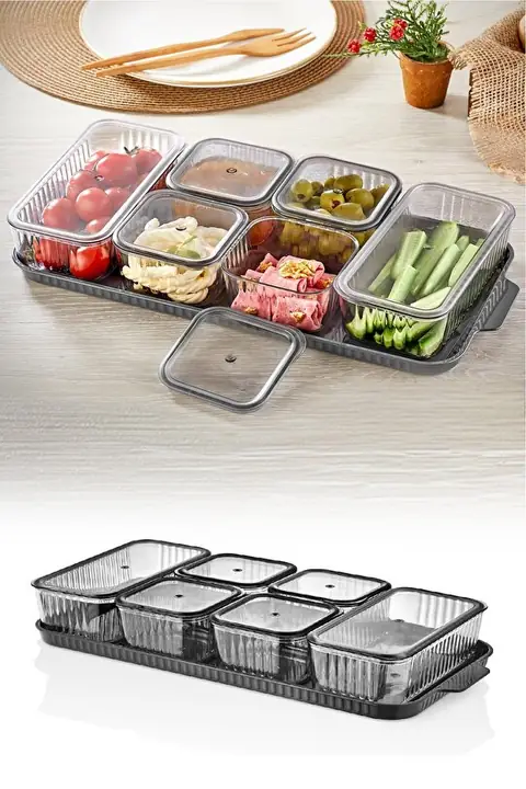 Acrylic Breakfast Server with Lid, 6 Rectangular Compartments
