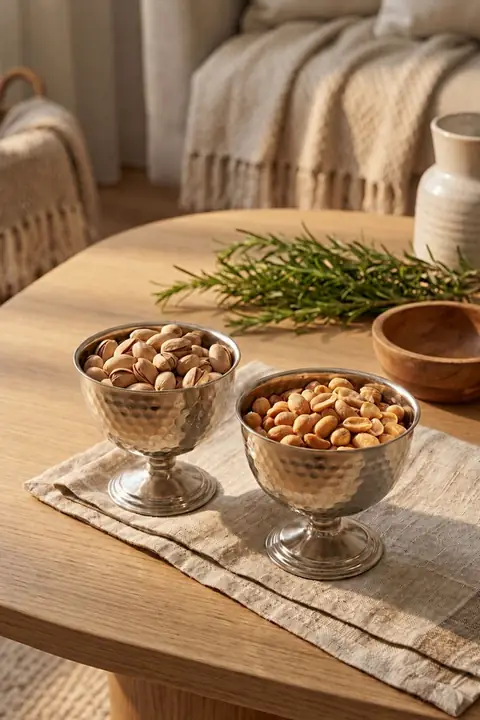 2-Piece Footed Metal Snack Bowl, Hammered, 240 ml