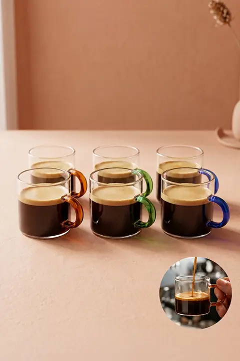 6-Piece Glass Espresso Cup Set with Handles, 95 ml
