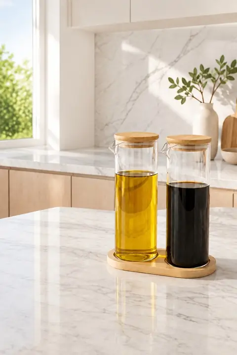 2-Piece Glass Oil & Vinegar Bottle Set with Stand, 400 ml, Bamboo Lids