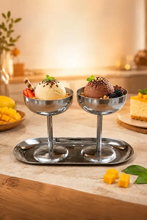 3-Piece Metal Dessert Set (2 Long Bowls + 1 Boat Dish)
