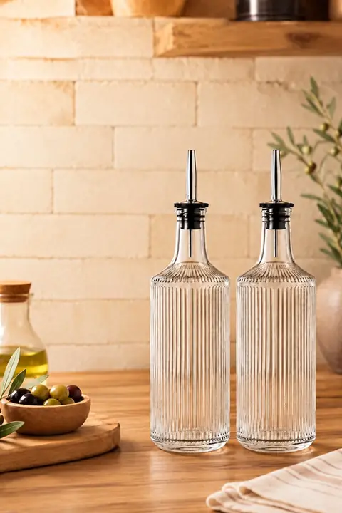 2-Piece Striped Glass Oil & Vinegar Bottle Set, 750 ml, Leak-Proof