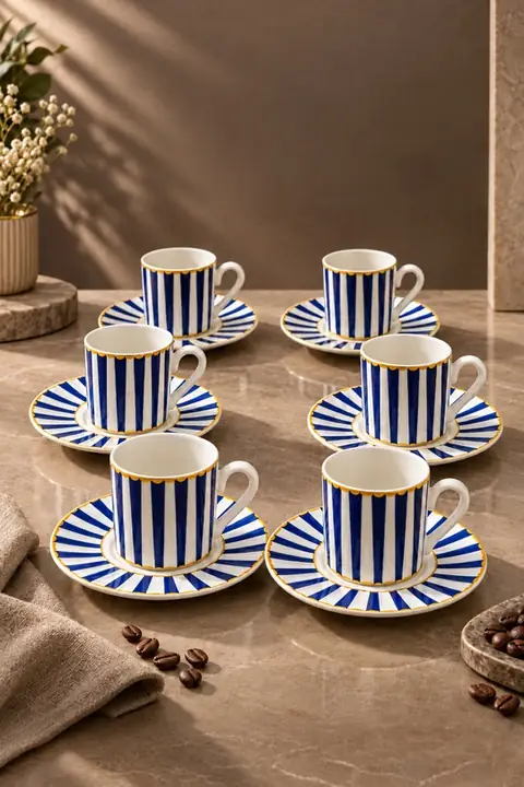 12-Piece Striped Porcelain Coffee Cup Set for 6, Gilded Detail