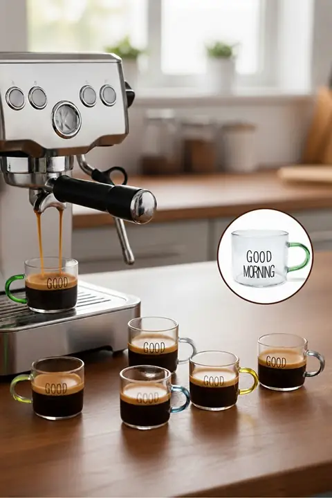6-Piece 'Good Morning' Glass Espresso Cup Set with Handles, 95 ml