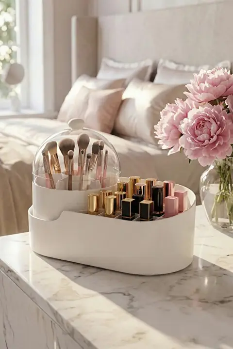 Lidded Makeup Organizer, 21 Compartments – Brush & Lipstick Holder