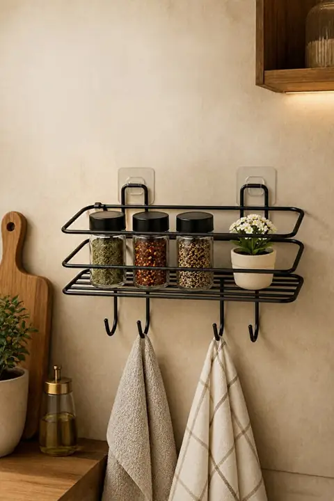 Adhesive Metal Kitchen & Bath Shelf with Towel Bar & Hooks