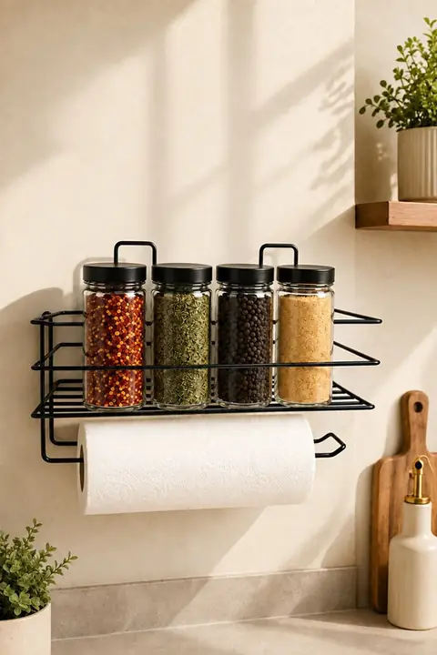 Adhesive Metal Kitchen Shelf with Paper Towel Holder
