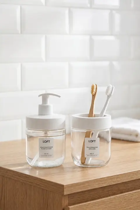 2-Piece Glass Bath Set – Soap Dispenser 425 ml & Toothbrush Holder