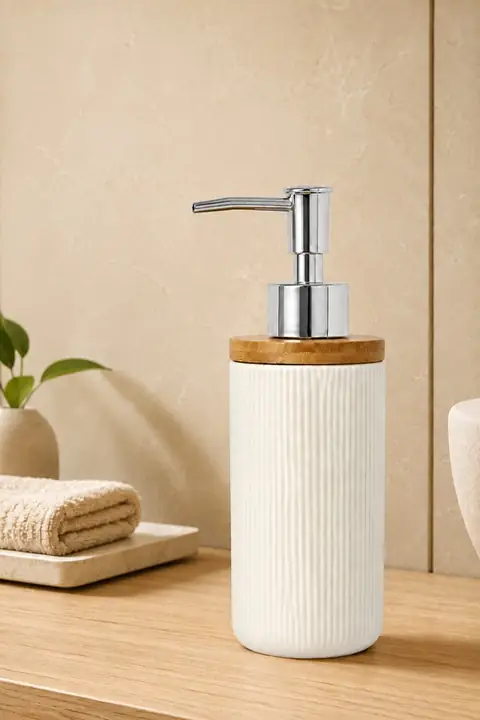 Striped Porcelain Soap Dispenser with Bamboo Lid, 350 ml