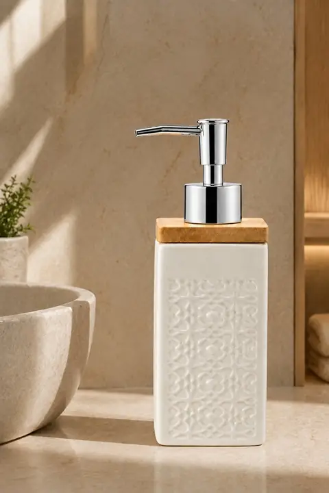 Embossed Square Porcelain Soap Dispenser with Bamboo Lid, 400 ml
