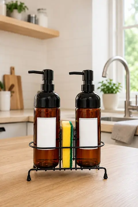 2-Piece Glass Soap Dispenser Set with Metal Stand & Sponge Holder, 500 ml