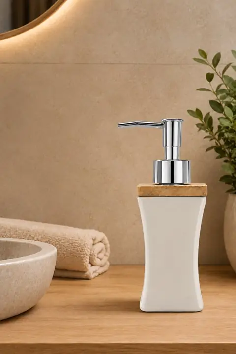 Curved Porcelain Soap Dispenser with Bamboo Lid, 280 ml
