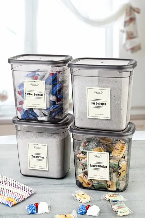 4-Piece Rectangular Detergent Container Set with Labels, 1150 ml
