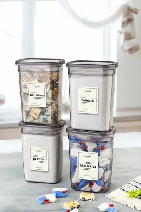 4-Piece Rectangular Detergent Container Set with Labels, 1500 ml
