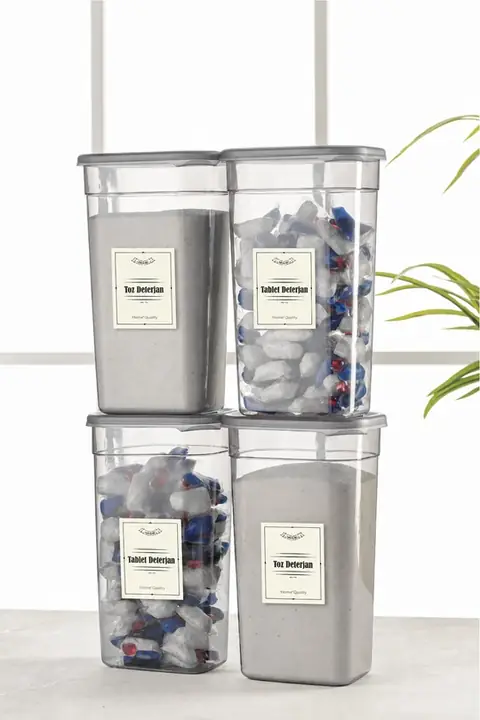 4-Piece Rectangular Detergent Container Set with Labels, 1.9 L