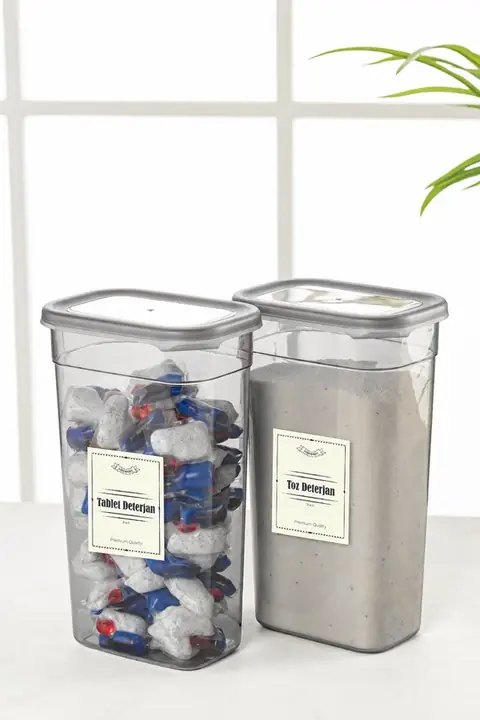 2-Piece Rectangular Detergent Container Set with Labels, 1.9 L