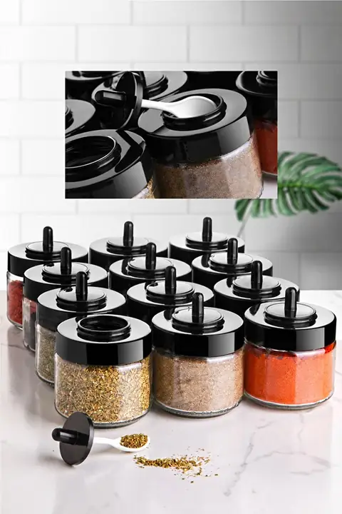 12-Piece Spice Jar Set with Built-In Spoon Lids, Short