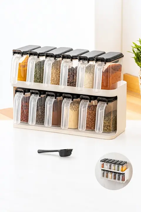12-Piece Self-Adhesive Spice Jar Set with Stand, Spoons & Labels