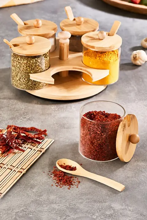 5-Piece Glass Spice Jar Set with Bamboo Stand & Spoons