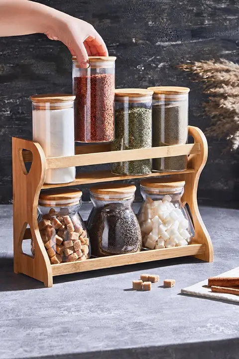 7-Piece Glass Spice Jar Set with Bamboo Stand