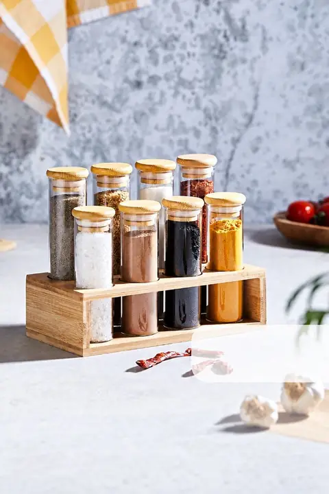 8-Piece Glass Spice Jar Set with Bamboo Stand