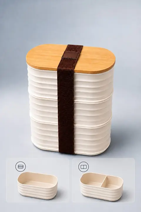 3-Piece Oval Wavy Lunch Box Set with Bamboo Lids & Strap, 500 ml