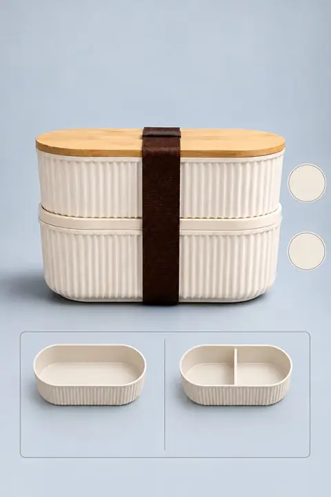 2-Piece Oval Ribbed Lunch Box Set with Bamboo Lids & Strap, 600/620 ml