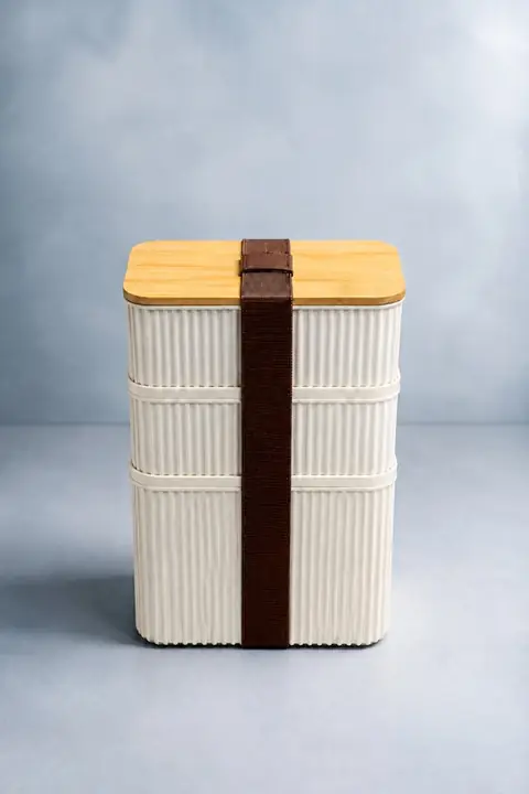 3-Piece Ribbed Lunch Box Set with Bamboo Lids & Strap, 2×500 ml + 1 L