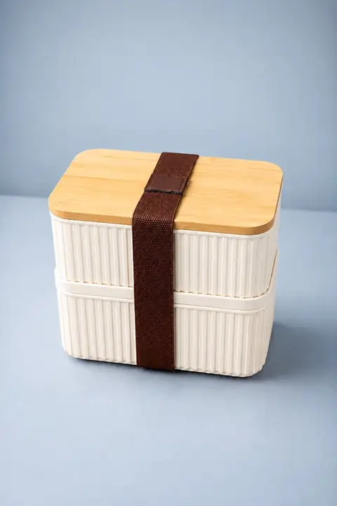 2-Piece Ribbed Lunch Box Set with Bamboo Lids & Strap, 500 ml