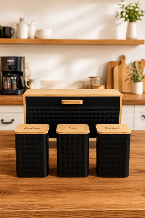 Footed Bread Bin with 3 Square Metal Tea & Sugar Canisters